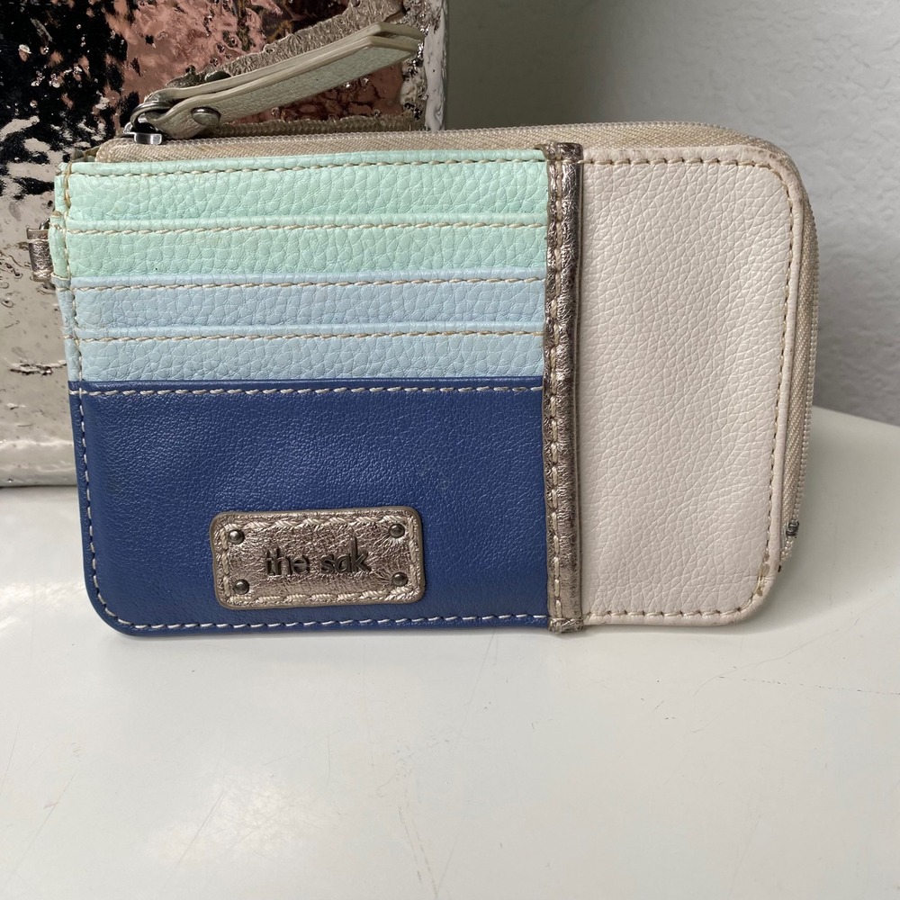 The Sak Iris Colorblock Card Wallet Blue Green Cream Metallic Zippered Purse